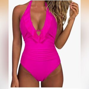 Fuchsia Ruffled V-Neck Tummy Control One-Piece Swimsuit